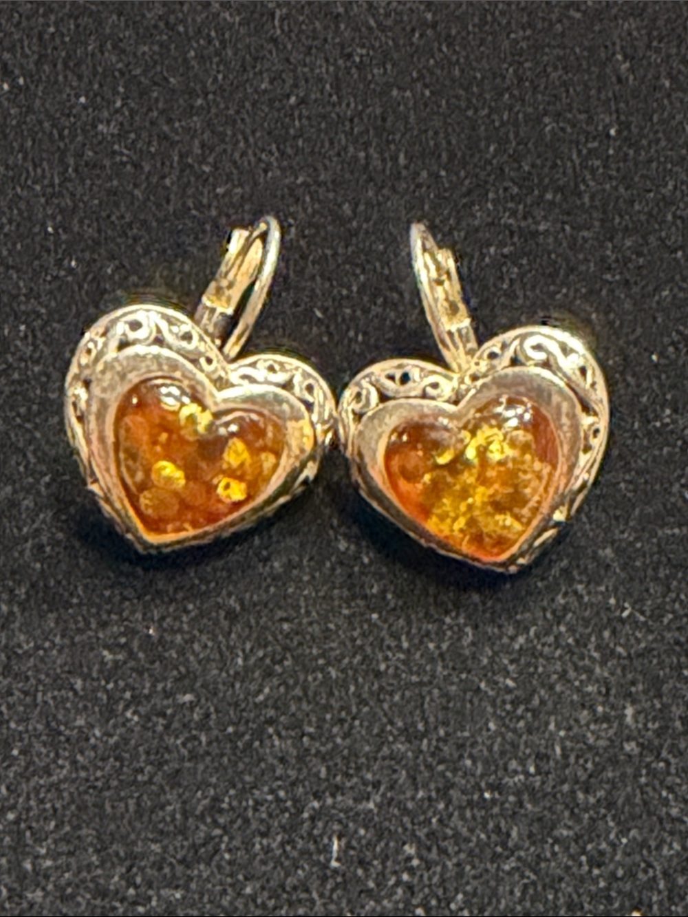 Heart Shaped Cognac Baltic Amber and Silver Drop Earrings - Amber Heart
